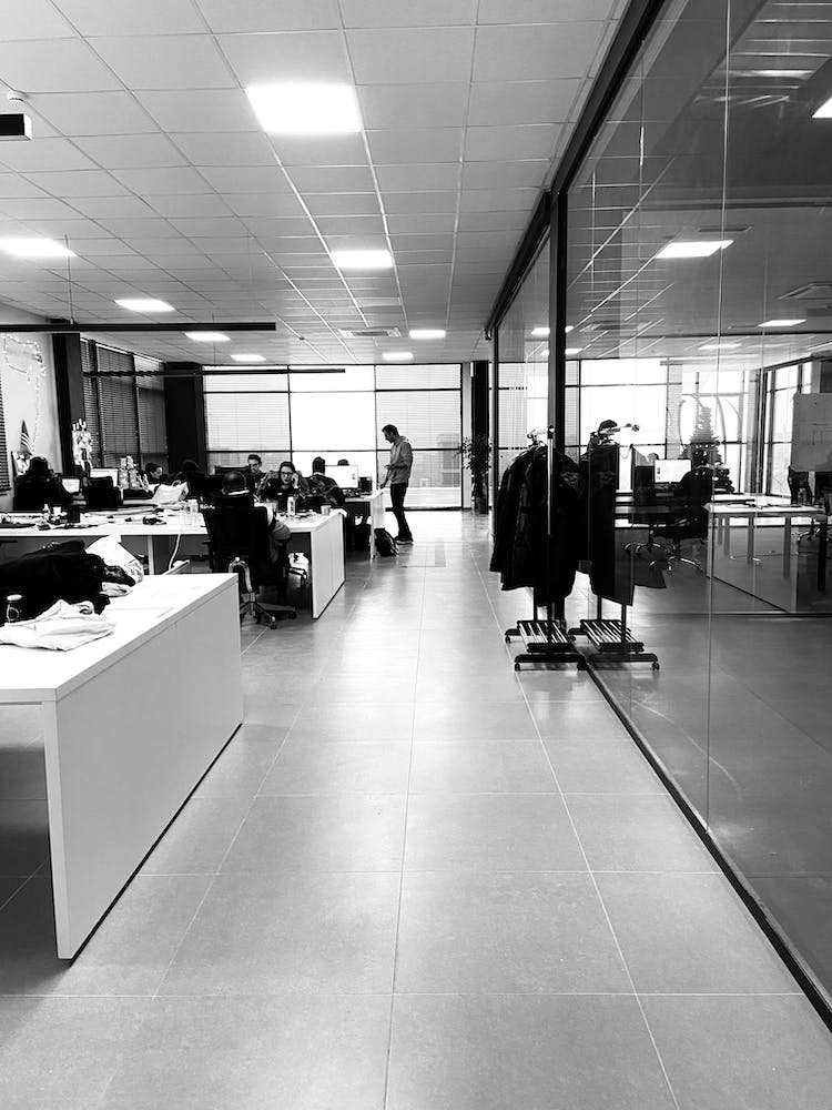 black and white image of shared services in an anonymous office